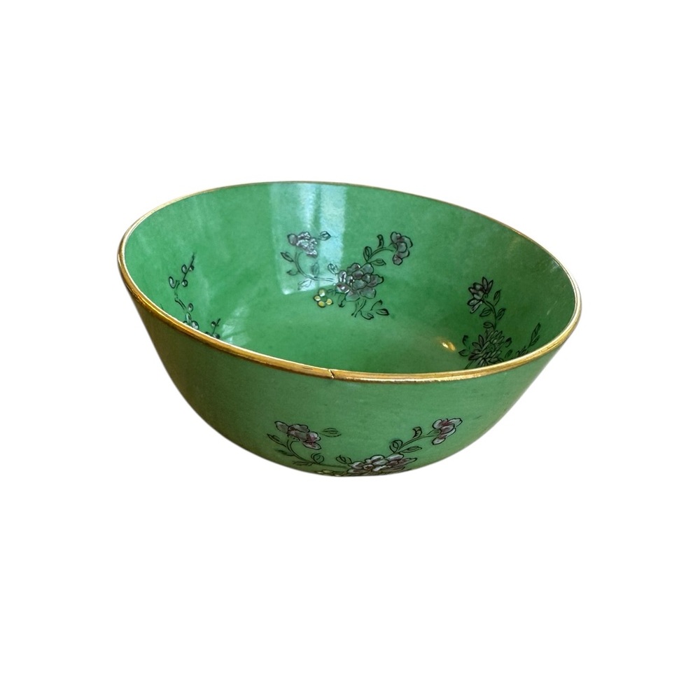 Vintage Japanese Porcelain Ware Green Floral Bowl Gold Rim Cottage core ONE BOWL